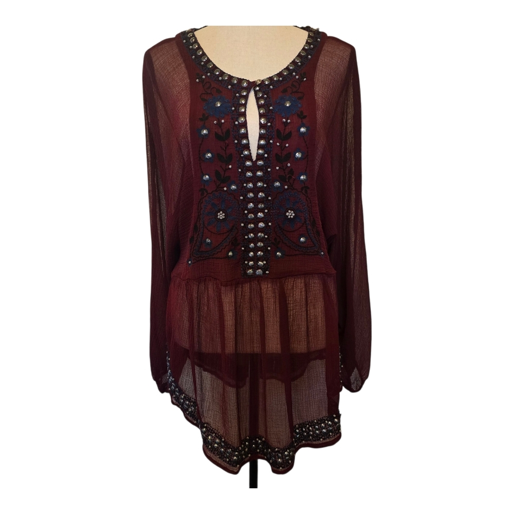 Free People Sheer Beaded Peasant Tunic Garnet Red & Navy Blue Sm Boho Festival